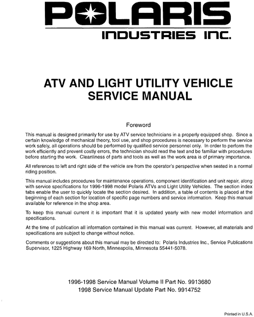 Owner's Manuals | Polaris polaris atv service manual free download
