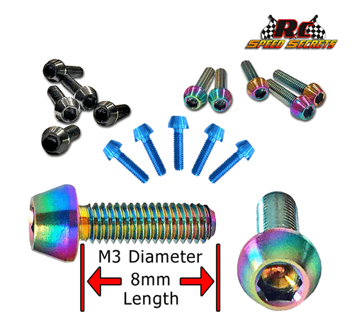 RCSS Nev'r Strip Grade-5 Deep Socket Titanium Tapered Head Screws V2 (M3x8mm) (Choose from Bada' Bling, Stealth Black and Blue Finishes)