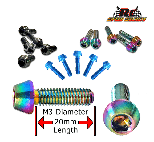 RCSS Nev'r Strip Grade-5 Deep Socket Titanium Tapered Head Screws V2 (M3x20mm) (Choose from Bada' Bling, Stealth Black and Blue Finishes)