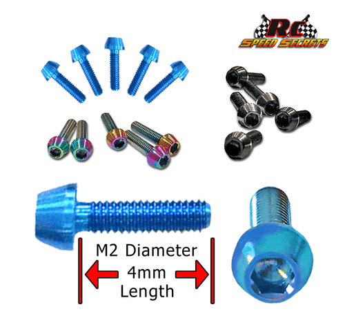 RCSS Nev'r Strip Grade-5 Deep Socket Titanium Tapered Head Screws V2 (M2x4mm) (Choose from Bada' Bling, Stealth Black and Blue Finishes)