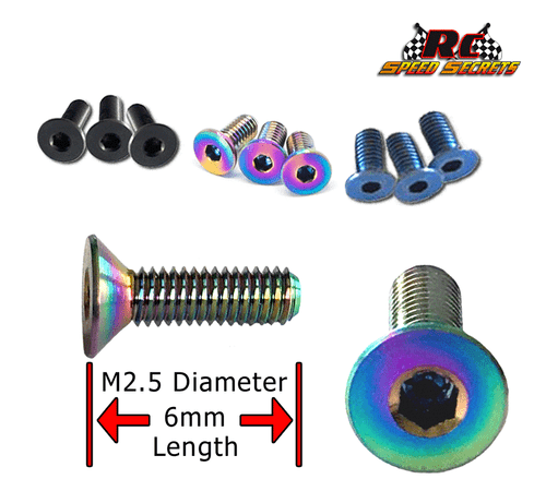 RCSS Nev'r Strip Grade-5 Deep Socket Titanium Flat-Head Motor End-Bell Screws (M2.5x6mm) (Choose from Bada' Bling, Stealth Black & Blue Finishes)