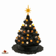 Small black tree for Halloween with orange, gold and clear lights and orange star.