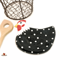 Chicken or Hen ceramic spoon rest in black and white.