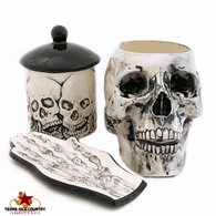 Three piece kitchen skull set ideal for Halloween decorating.  Made in the USA.