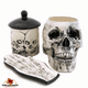 4 piece kitchen skull set ideal for Halloween decorating.  Made in the USA. The set includes a cotton dish towel with a skull embroidered design.