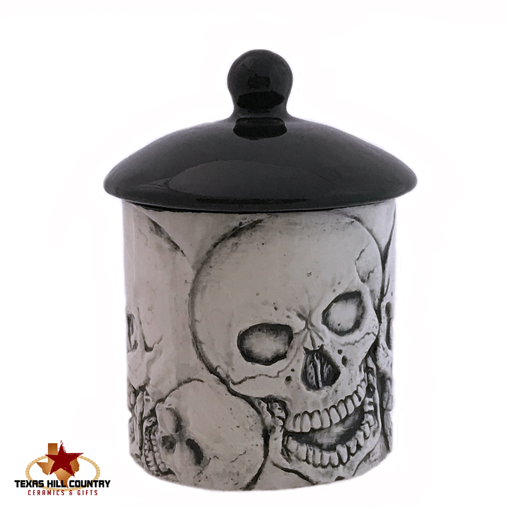 Skull Canister Container in Antique Black, Kitchen Skull Sugar Bowl, Salt Canister or Candy Holder, Bath Vanity Container Ceramic Solid Black Lid