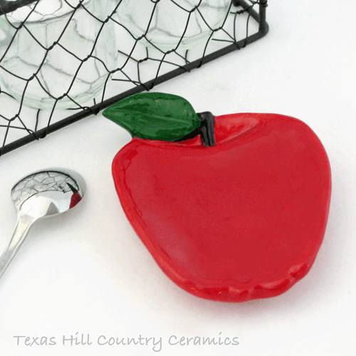 Personal size ruby red apple tea bag holder or small spoon rest made in the USA