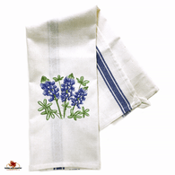 Embroidered bluebonnets dish towel, 100% cotton towel with blue stipe accent.