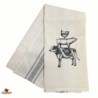 Chicken, Pig and Cow Stacked Farm Animal Design on Cotton Kitchen Towel, Sketch Style Embroidered  Country Farm Design on Natural Towel with Gray Trim