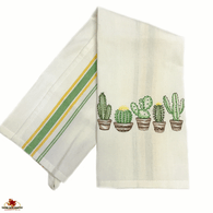 Cotton dish towel with cacti in pots embroidered design.