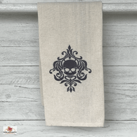 Damask Skull embroidered kitchen towel.