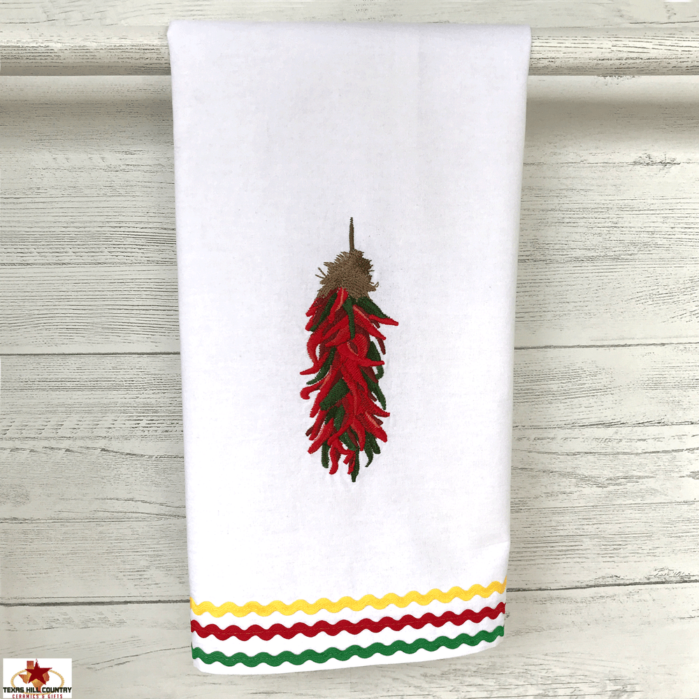 Chili Pepper Ristra Embroidered on Cotton Kitchen Towel with Green, Red