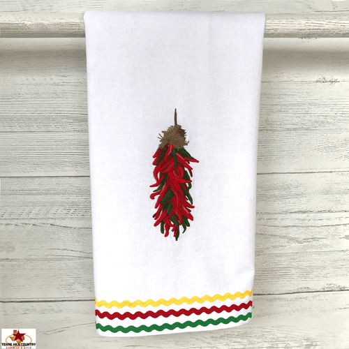 Chili pepper ristra embroidered dish towel with colorful trim.