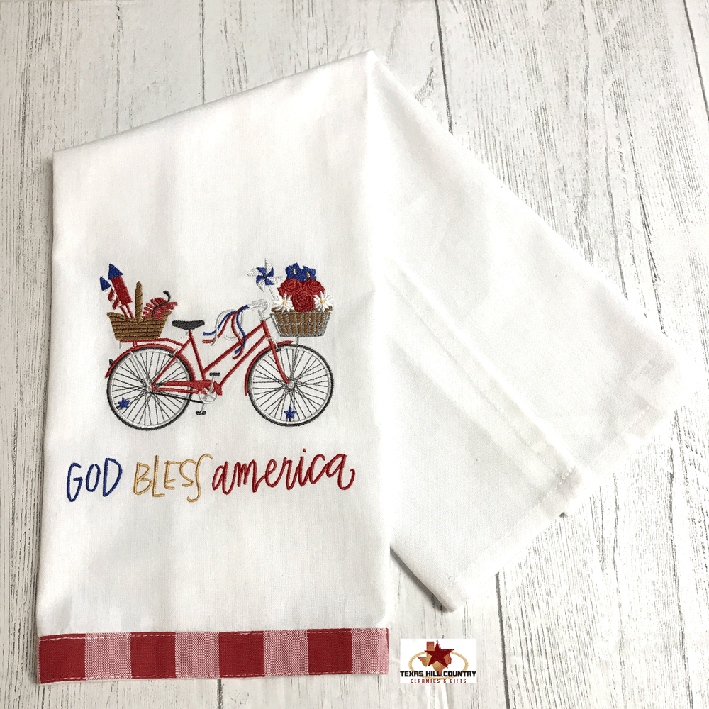 July 4th Bicycle Embroidered Design on Cotton Kitchen Towel with Red and  White Gingham Check Trim, God Bless America, Memorial Day, Made in the USA