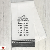 Conversion chart embroidered cotton dish towel in black and white.