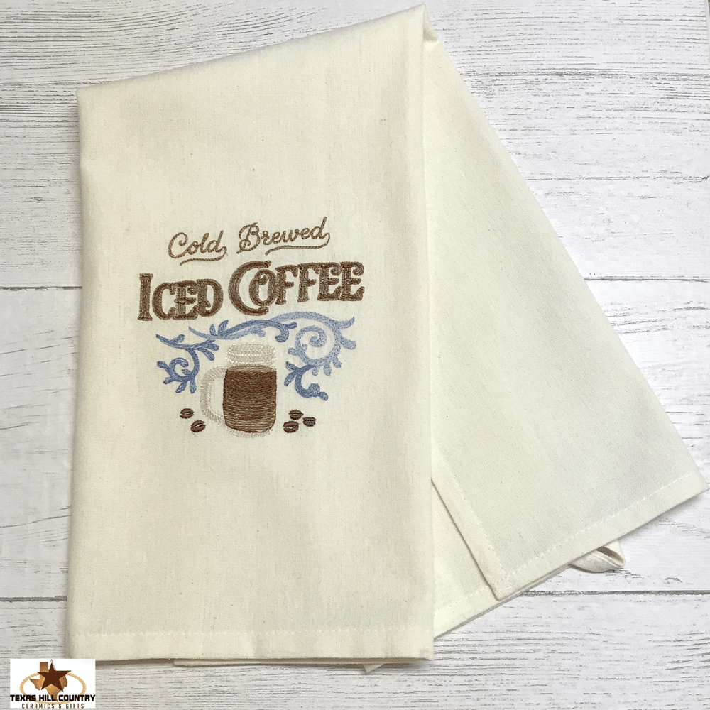 Cold Brew Iced Coffee Design Embroidered On A Natural Cotton Kitchen Towel  or Coffee Bar, Country Farmhouse Accent