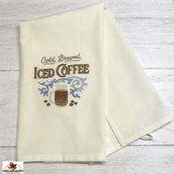 Iced coffee cold brew cotton embroidered towel for coffee bar or kitchen at homer or office.