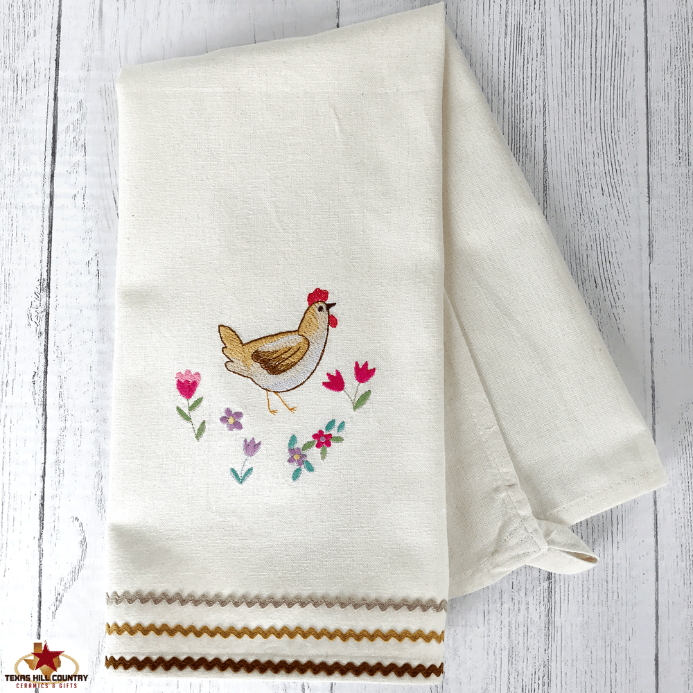 Spring Flowers Embroidered on White Cotton Kitchen Towel, Made in the USA -  Texas Hill Country Ceramics