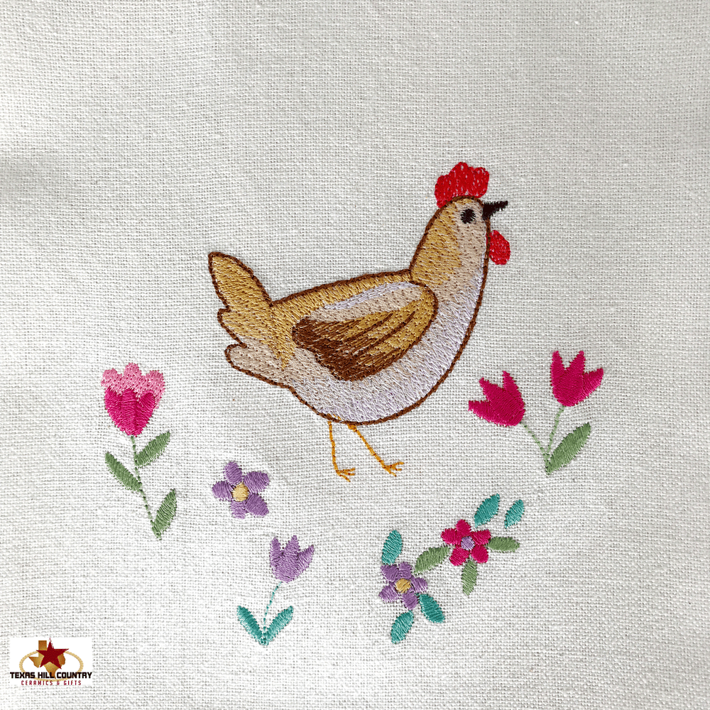 Embroidered Chickens, Kitchen Towels With Chickens, Tan Kitchen