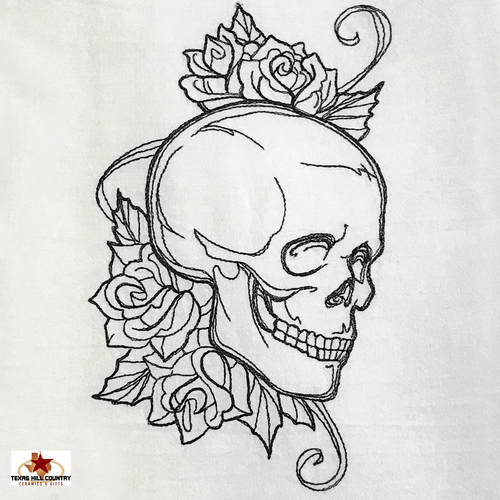 Sketched embroidery Skull and Roses on white cotton dish towel.