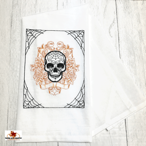 Sketched embroidery Skull and Roses on white cotton dish towel.