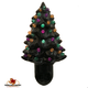 Black tree with Halloween color lights in green, orange, purple and yellow.