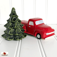 Old fashion red pick-up truck and pine tree salt and pepper shakers