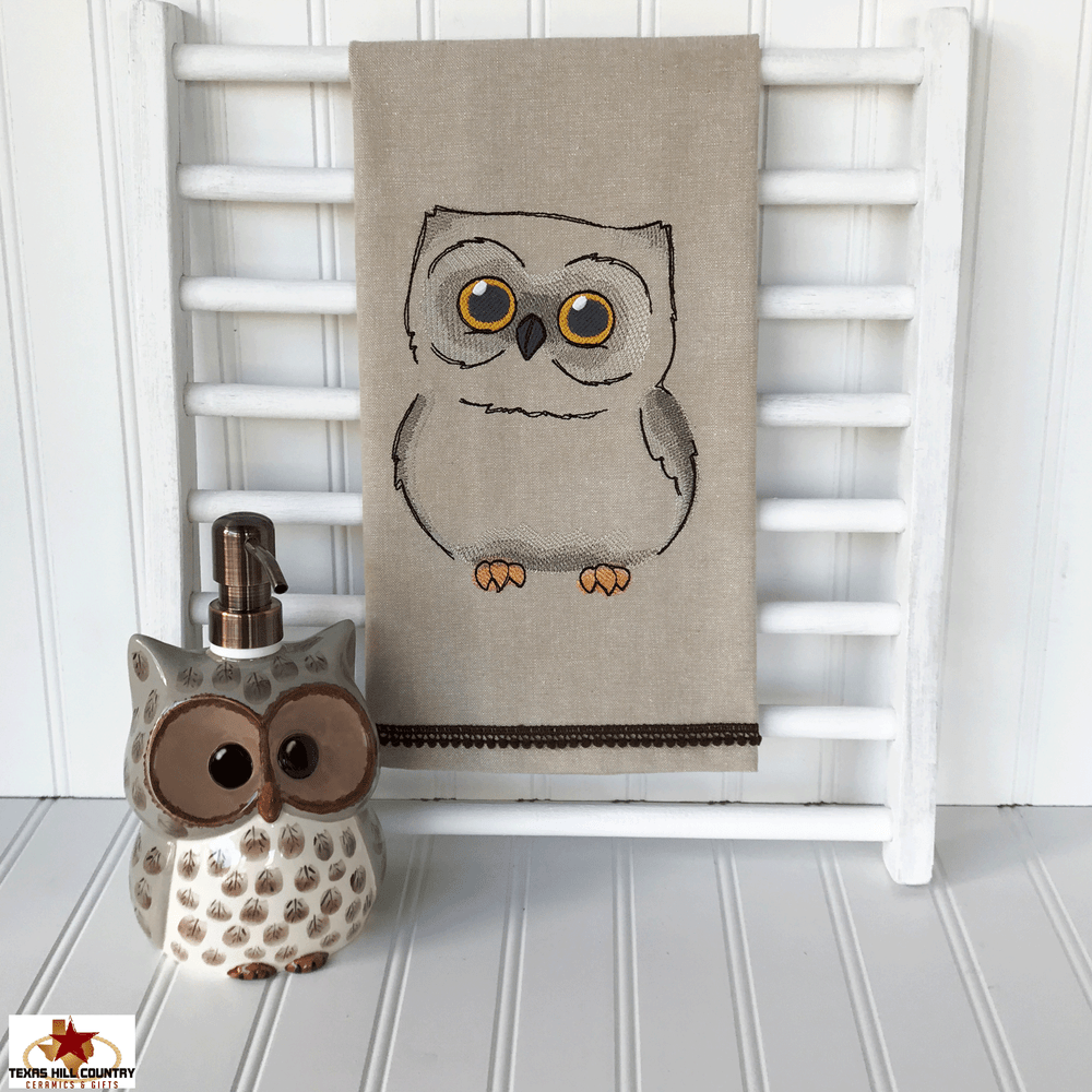 Wide Eye Owl Embroidered Design on Natural Cotton Kitchen Towel with Baby  Pom Pom Fringe Trim, Made in Texas USA - Texas Hill Country Ceramics