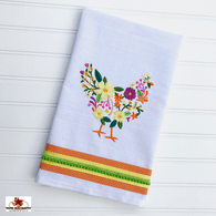 Chicken Design of Spring Flowers Embroidered on White Cotton Kitchen Towel, Made in the USA
