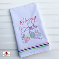 Happy Easter Embroidery Design on White Cotton Kitchen Towel, Made in the USA