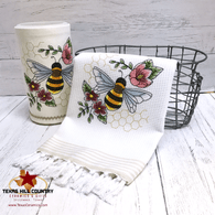 Buzzing Bee and Blooms embroidery design towel and disinfectant wipes cover set. Made in the USA.