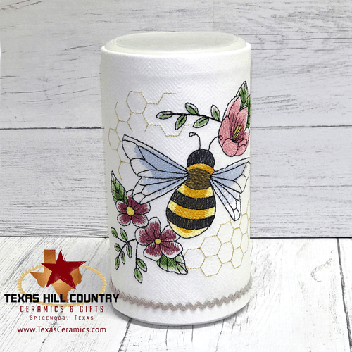 Disinfectant wipes cover with Buzzing Bees and Blooms embroidery design, made in the USA.