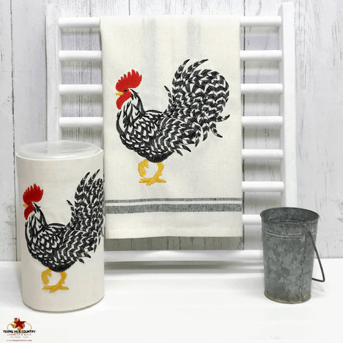 Country Farm style rooster cotton towel and sanitary wipes cover set. Made in the USA.