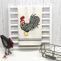 Country Farm cotton dish towel with black and white rooster embroidery design.