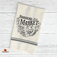 Natural cotton dish towel, Farmers Market Fresh and Local embroidery design in black.