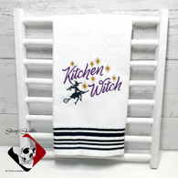 Kitchen Witch Design in Black, Purple and Gold Embroidery on White Cotton Towel with Banded Trim for Shop of Skulls