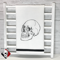 Skull Design on Kitchen Towel, Embroidered Skull in Black on White Cotton Dish Towel, Haunted House Creepy Halloween Decor for Shop of Skulls