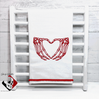 Skeleton Hands Heart in Red Embroidery on White Cotton Kitchen Dish Towel, Does He Love Me Valentines, Haunting Horror Decor for Shop of Skulls