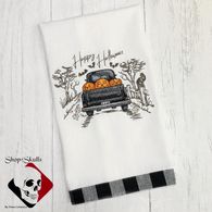 Happy Halloween Kitchen Dish Towel with Black Retro Pickup Truck with Pumpkins Embroidered on White Cotton Dish Towel with Black and White Check Trim