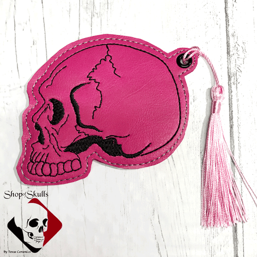 Bright Pink Skull Bookmark vegan leather with embroidered detail and pink tassel.  Made in the USA.