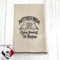 Witches Brew Coffee House and Tea Readings Embroidery on Natural Dish Towel  Haunting Horror Decor for Shop of Skulls