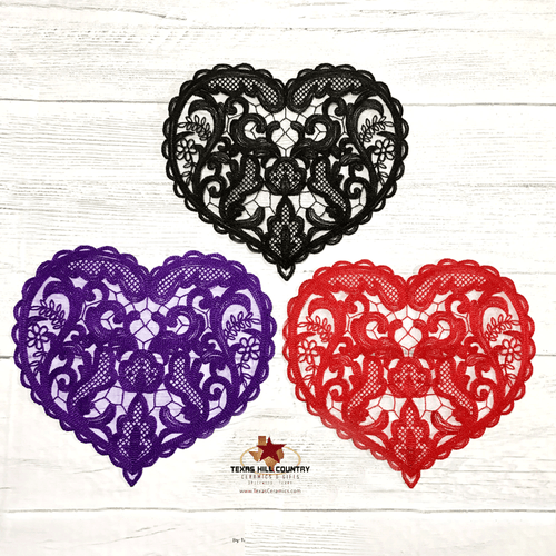 Organza heart lace doily in black, purple or red.  