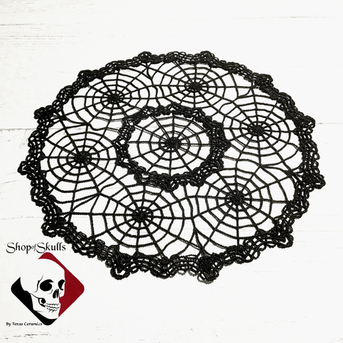 Spiderweb doily in black, Victorian Horror Decor. Also available in gray and purple.