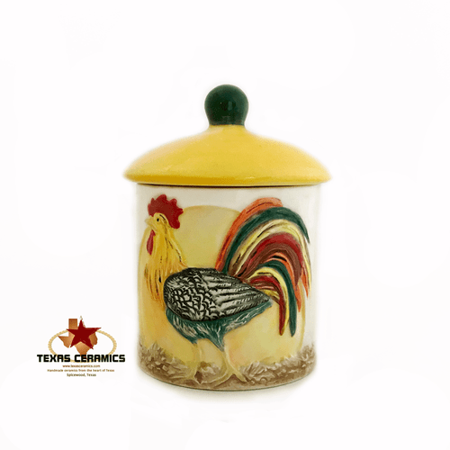 Colorful small rooster chicken canister with lid.