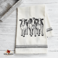 County Farmhouse dish towel with 3 cows embroidery.