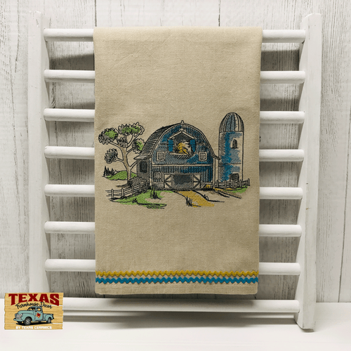 Classic country barn embroidery with accent color trim.