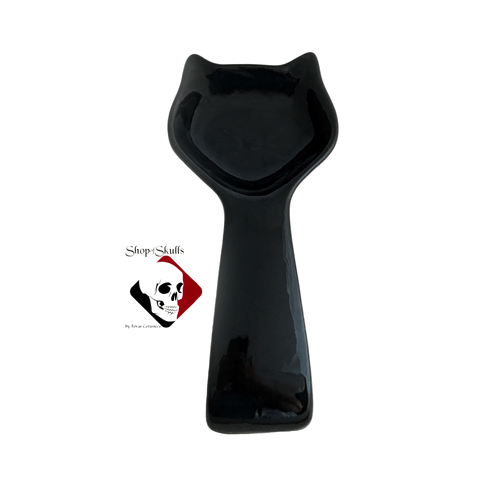 Long handle cat shaped spoon rest in black for Shop of Skulls by Texas Ceramics.