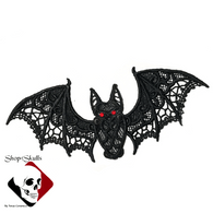 Halloween Vampire Bat with Red Glowing Eyes Goth Black Lace Decoration Cotton Embroidery, Witchy Horror or Haunted House Halloween Decor Made in USA