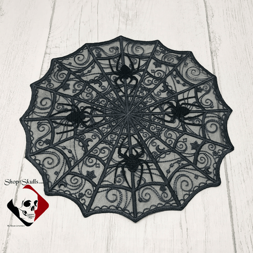 Spiderweb Doily Black organza lace with detailed spiders perfect to complete your Halloween or haunted home decor.  