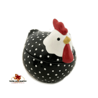 Retro chicken bowl with lid in black with white dots.